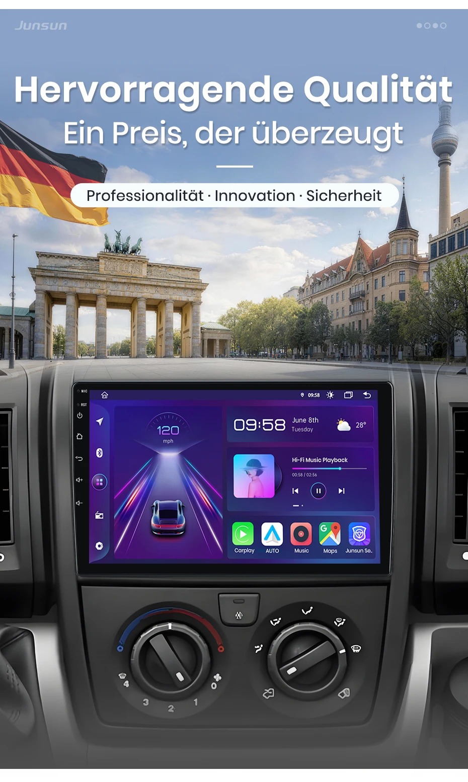 Junsun 9-Zoll Android 15 Autoradio für Fiat Ducato, Peugeot Boxer 2, Citroen Jumper 2 (2006-2023) mit Apple CarPlay, IPS-Bildschirm, Stereo-Multimedia-Videoplayer, Intelligentes Fahrzeugsystem, 2-DIN Autoradio-Hauptein – Detail 3