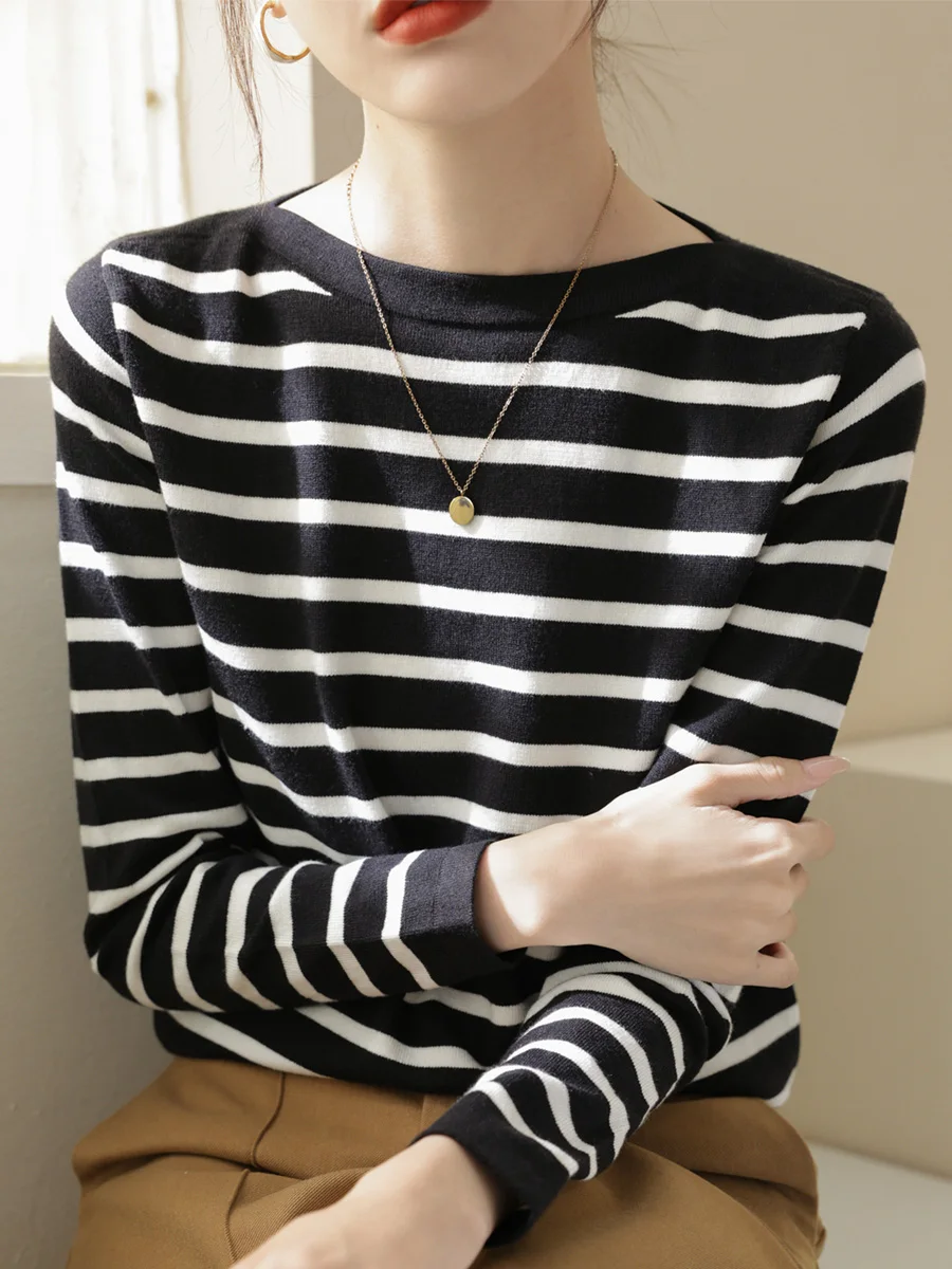 

Ele Bla, белый полосатый длинный свековый вязаный базовый топ irt, женский модный топ с ленивым рукавом, весна-осень 2023, Новое поступление