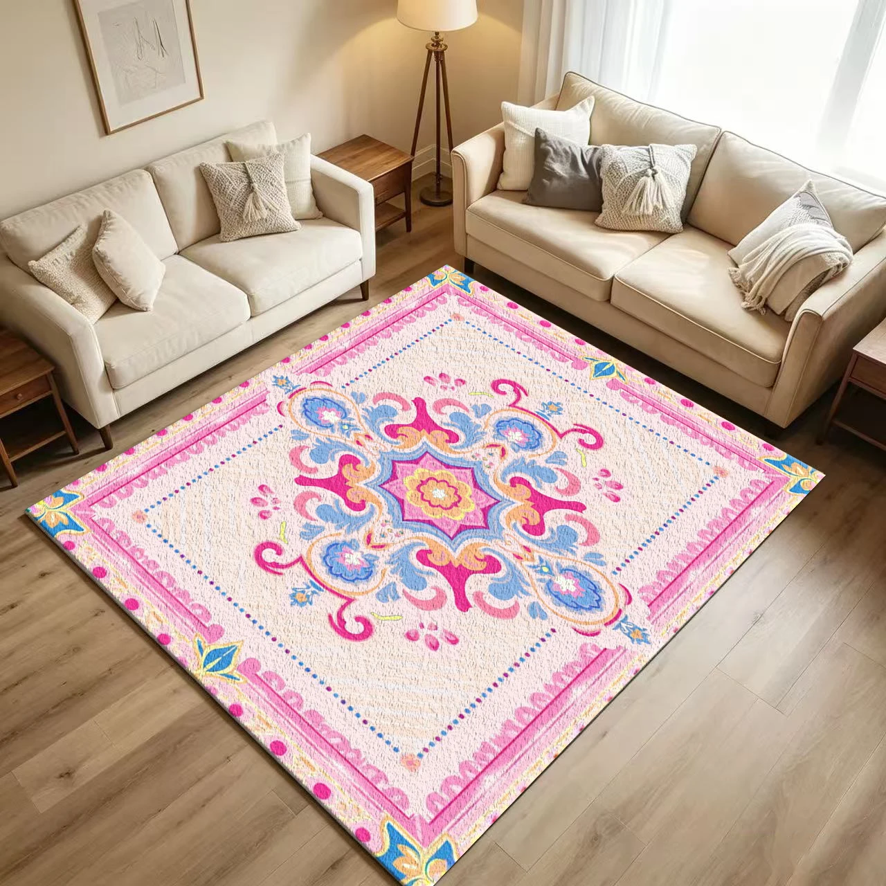Vibrant Pink Bohemian Medallion Carpet Flooring Colorful Ornate Border Printed Floor Rug for Household Living Room Home Ornament