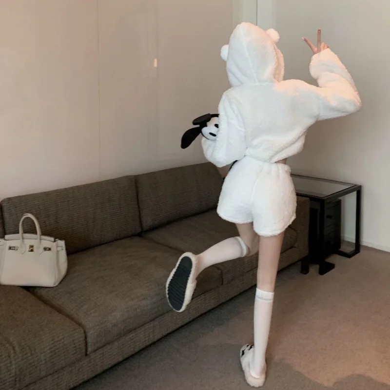 White Fuzzy Bear Ear 2 Piece Outfit Women's Plush Hooded Crop Top & High Waist Shorts Set Soft Warm Loungewear Casual