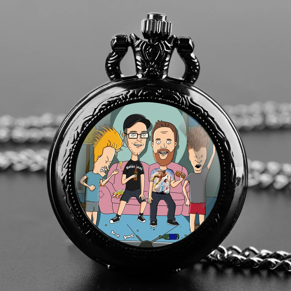 Beavis Butthead Funny Glass Dome Unisex Arabic Numeral Quartz Pocket Watch Women Man Necklace Pendant Accessory with Chain Gift