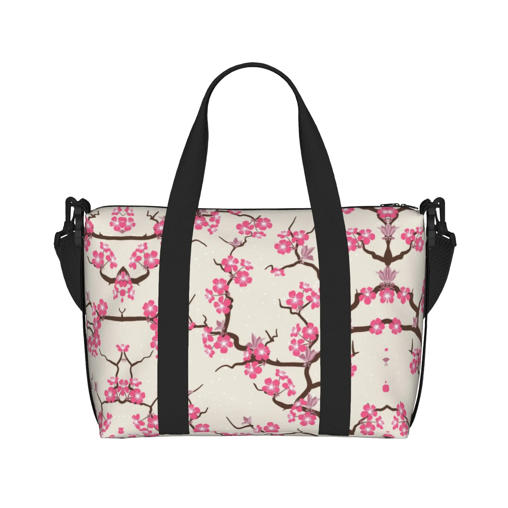Custom Japanese Sakura Flowers Beach Tote Bag Women Cherry Blossom Floral Pattern Large Compartment Beach Gym Travel Bags