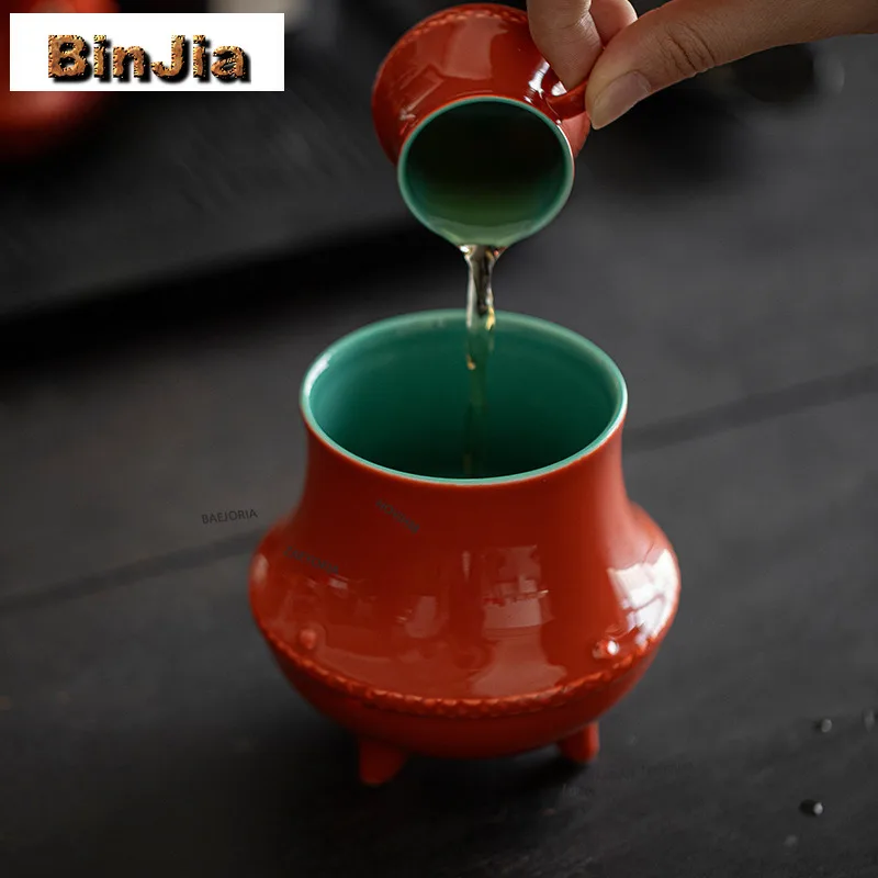BAEJORIA 370ML Palace Museum Red Three Legged Jianshui Tea Cup Wash Tea Residue Barrel Water Washing Slag Tank Chaxi Tea Items