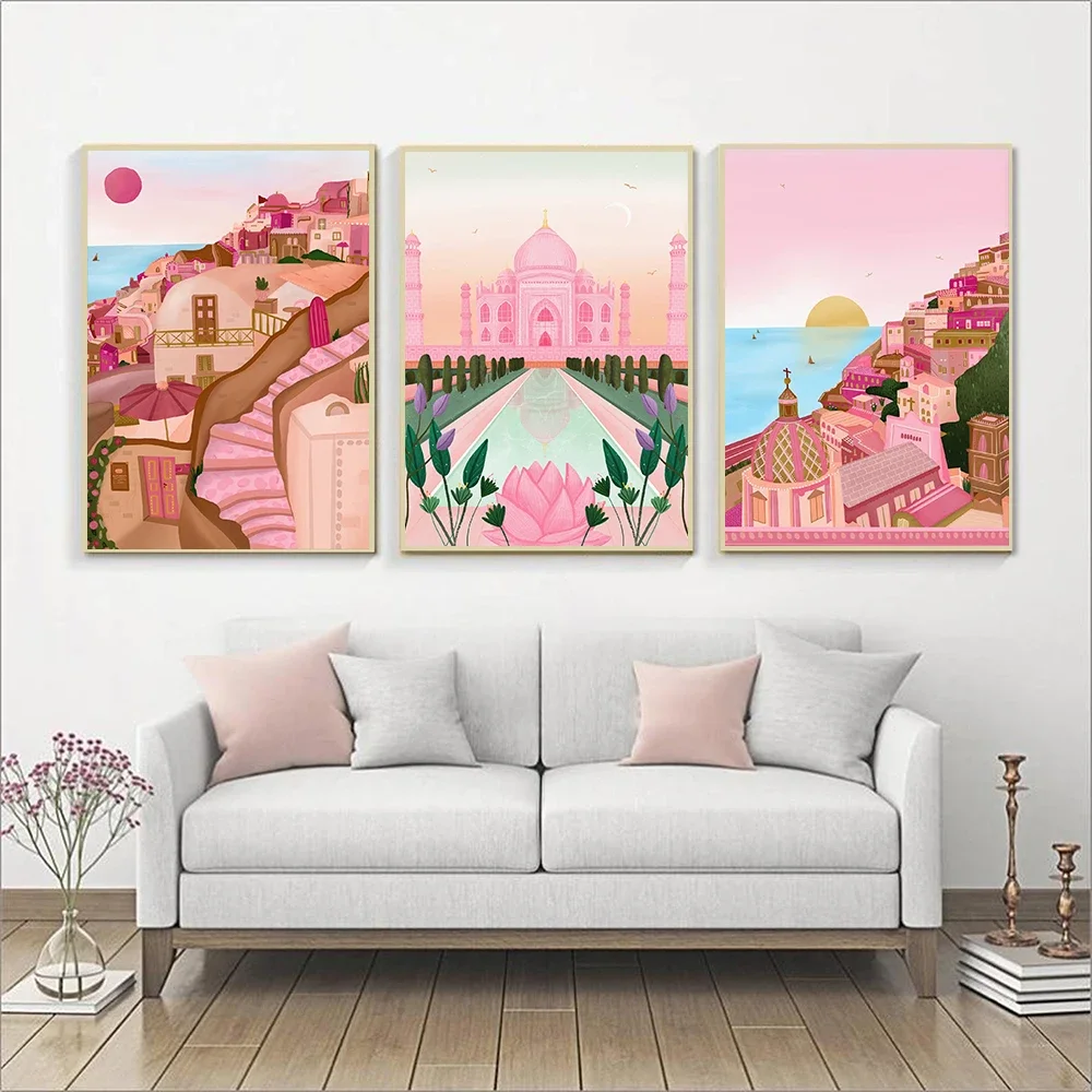 Italy Positano Pisa Lisbon Barcelons Building Poster Pink Moscow Print Canvas Wall Art Painting Nordic Travel Decoration Picture