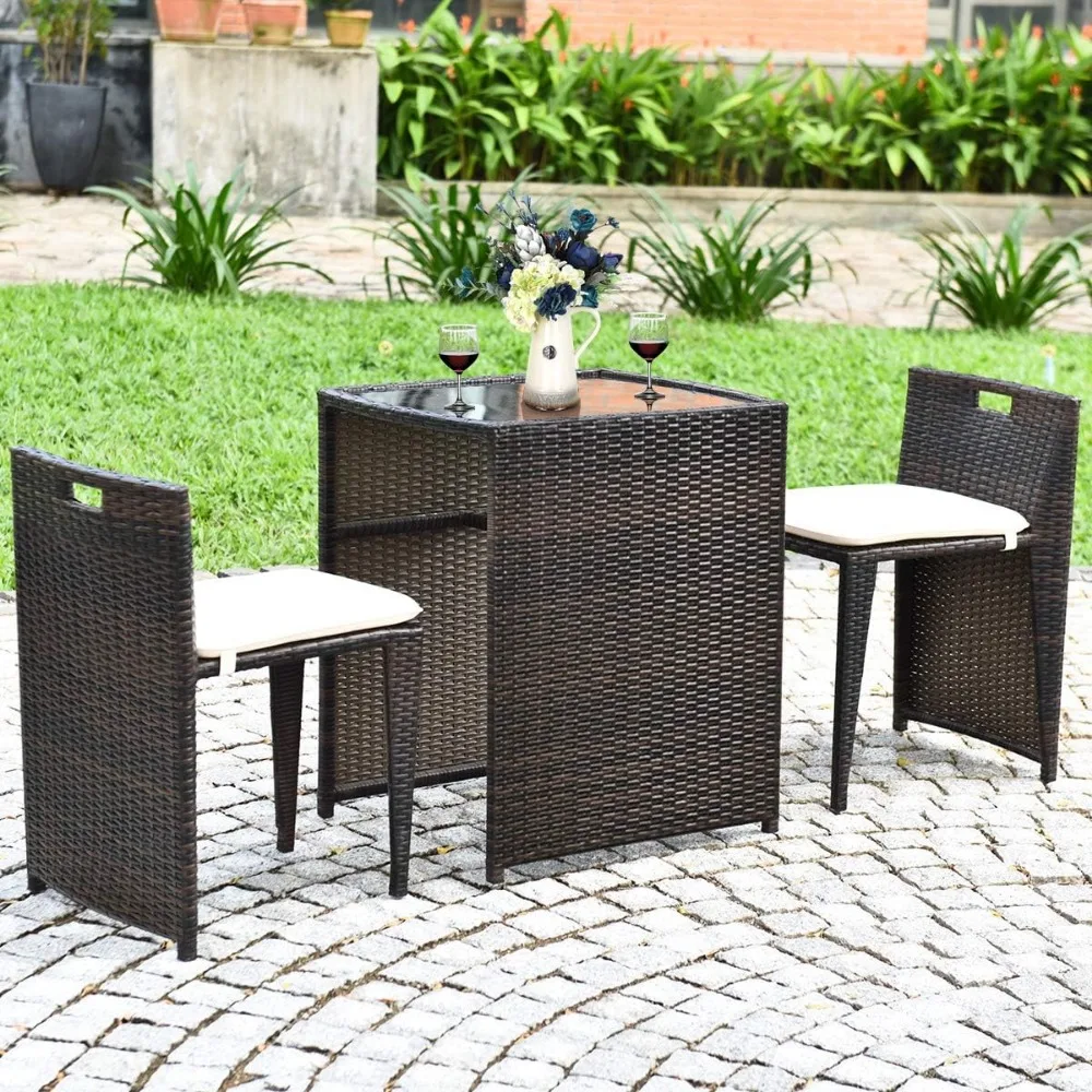 

3 Piece Outdoor Rattan Dining Set, No Assembly Patio Bistro Set with Tempered Glass Table, Space Saving Patio Wicker Cushioned