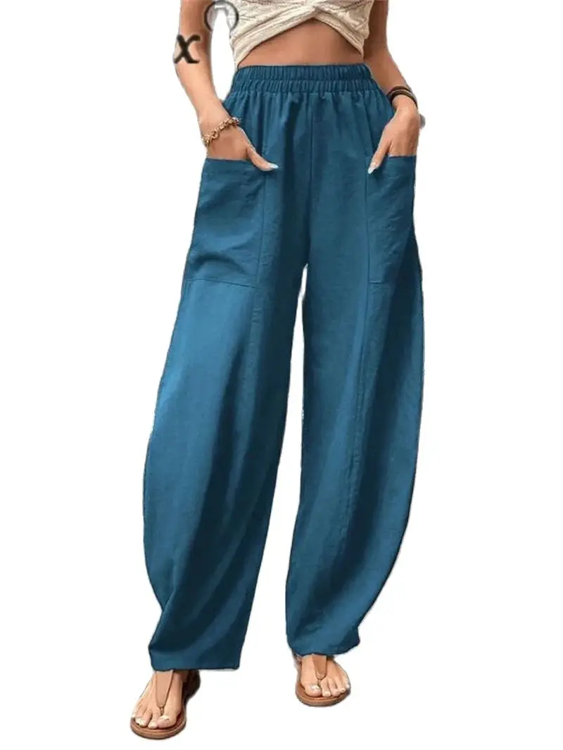 

Summer Solid Color Casual Wide Leg Long Pants Female 2024 Fashion Streetwear Splicing Pocket Elastic Waist Daily Women Trousers