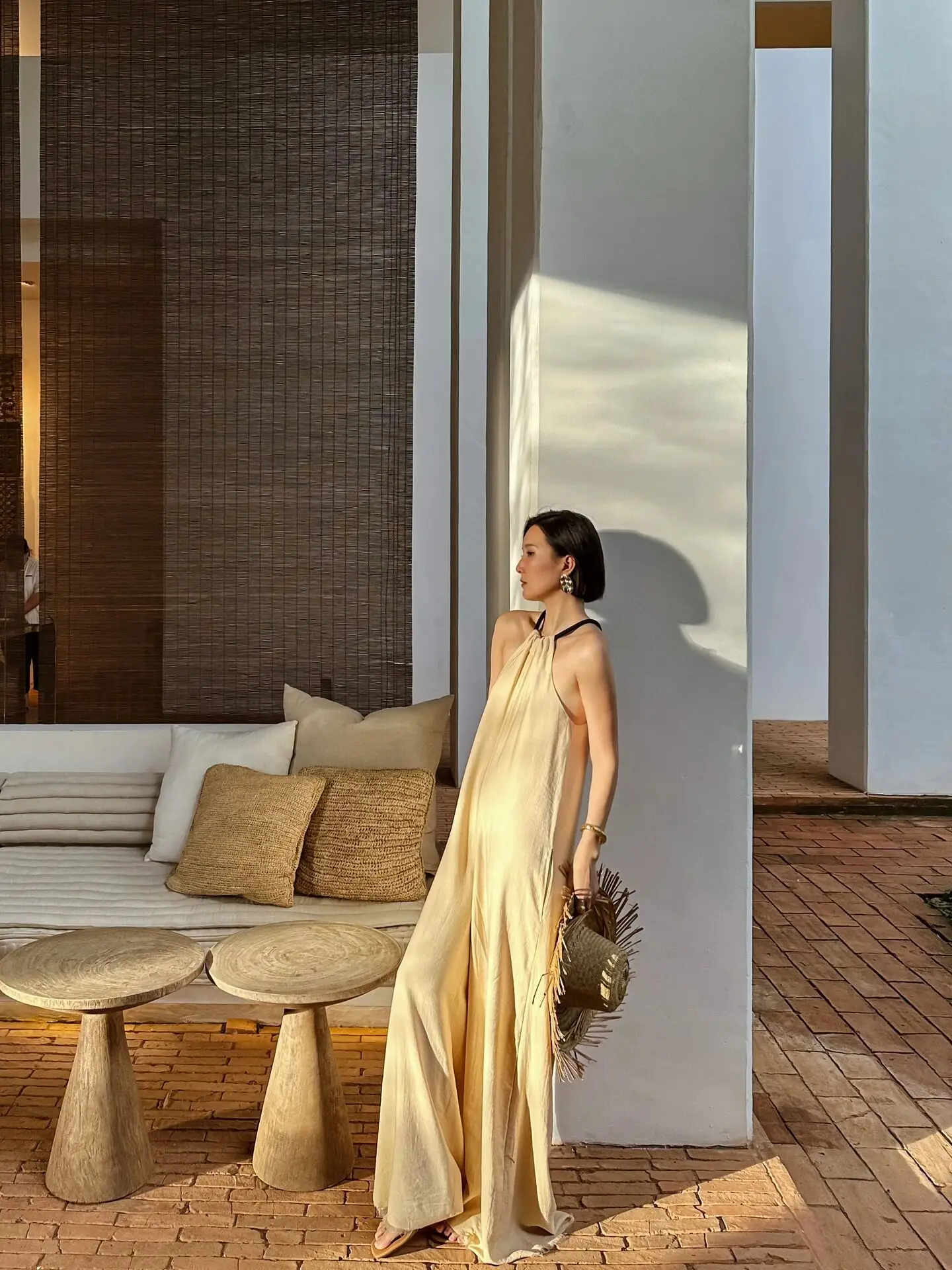 

Casual Neline Strapl One-Piece Swimsuit Beach Vaion Loose Fit Street Sle mid Waist Wide Leg Pants Long Pants