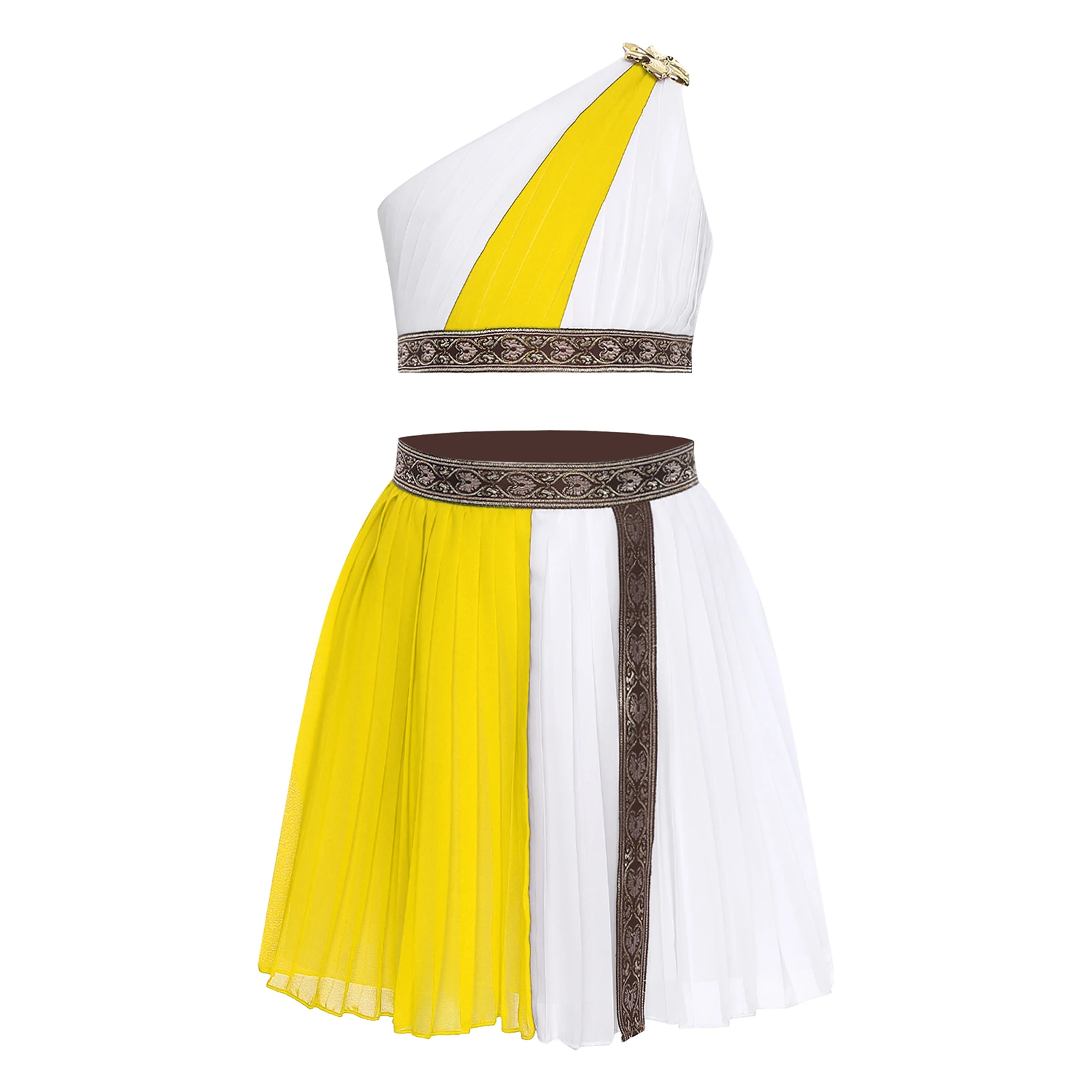 

Kids Girls Roman Toga Ancient Egyptian Princess Outfit Set Embroidered Waistband Crop Tops And Skirt for Halloween Roleplaying