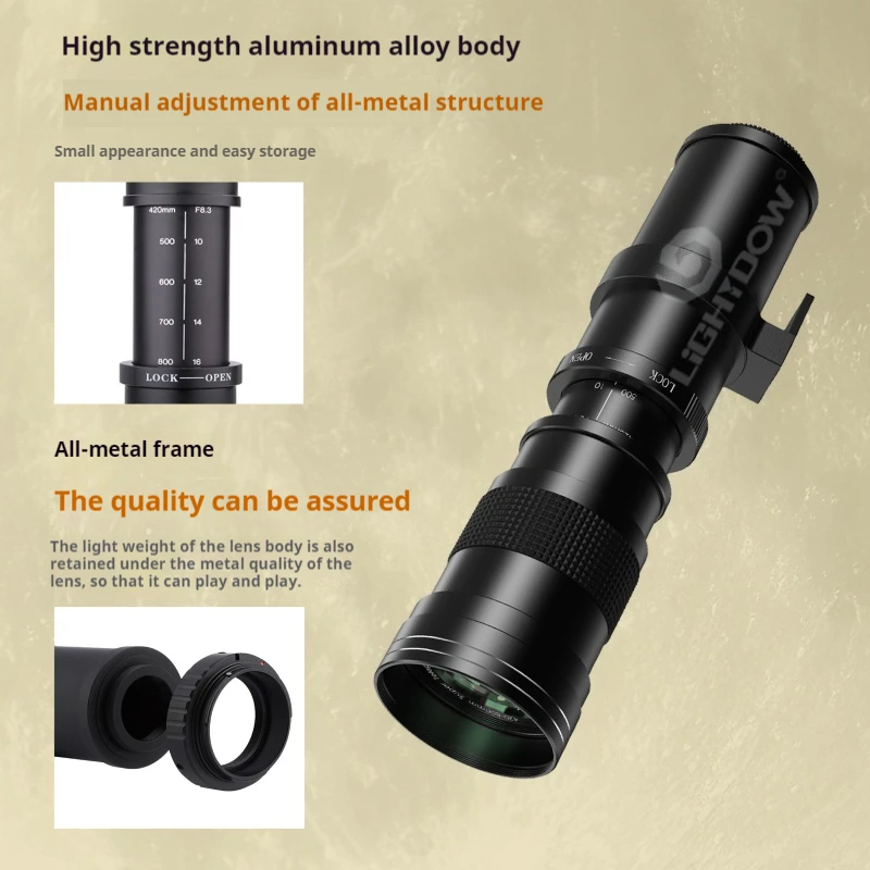 Lightdow 420-800mm F8.3-16 عدسة تليفوتوغرافي بإطار كامل للتكبير اليدوي لكاميرات DSLR Micro SLR Nikon Canon Sony