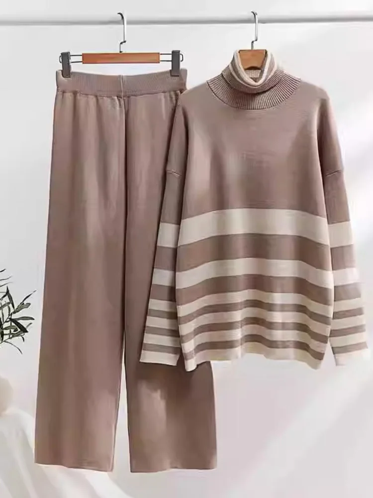 

Striped Baggy Sweater Knitted 2 Piece Set Turtleneck Loose Knitwears Pullover Conjuntos High Waisted Wide Leg Pants Ensemble