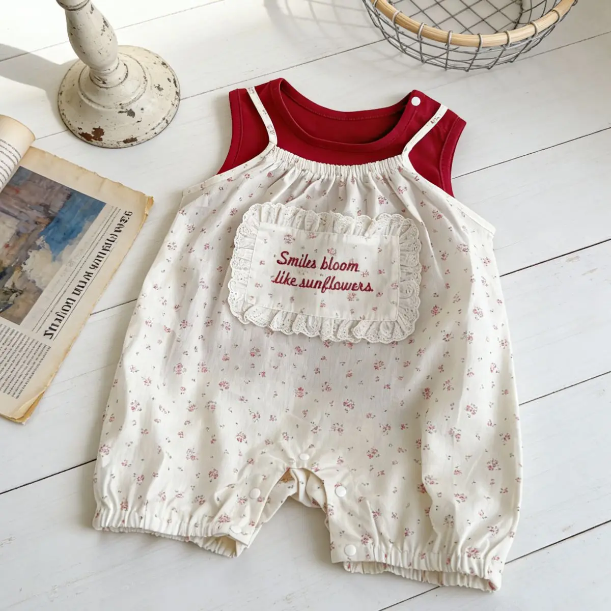 

2026 Summer Baby Girl Floral Cami Romper + Tank Top 2PCS Set Infant Vintage Red Casual Outfit for Newborn Baby Girls