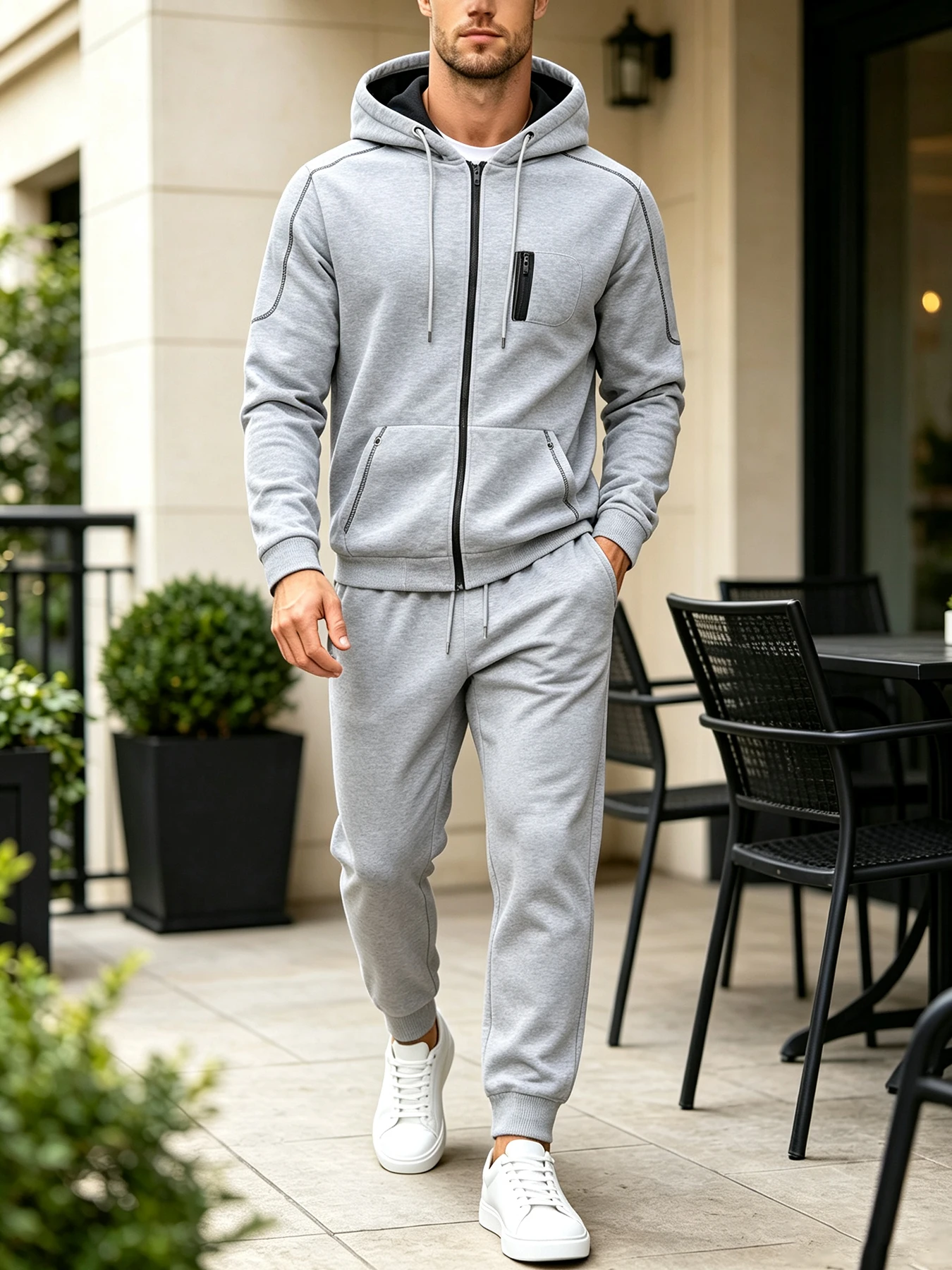 All Season Athletic Tracksuit For Men Solid Color Full Zip Hooded Jacket & Jogger Pants Stretch Breathable Knit Pockets Casual