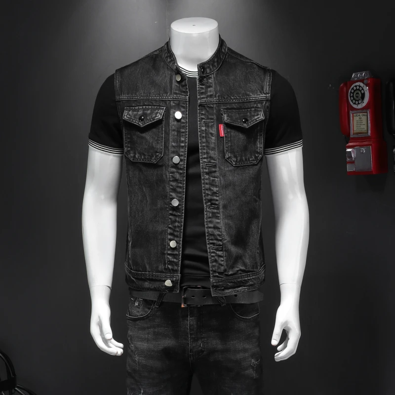 

Men's Faionable Motorcycle Sle Svel Denim Vest Spring Season Slim Fit Outerwear Classic Stand Size Button Decor