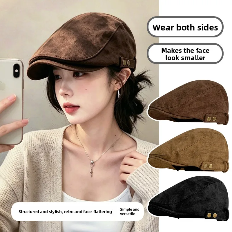 Retro Japanese Style Women's Beret Hat with Adjustable Wide Brim Autumn Fashionable Duckbill Cap Turned Back Small Face Effect