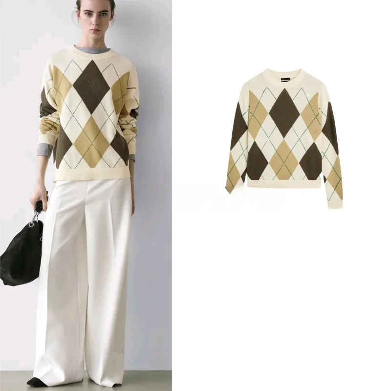 

Spring New Arrival Women's Casual Lazy Sle Retro Diamond id round Ne Long Sve Knitted Sweater Soft Polyester Fiber