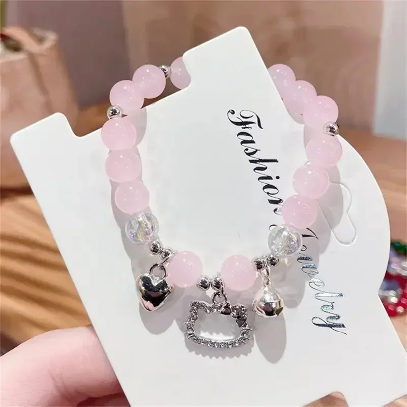 Pulseira Hello Kitty Cristal para Meninas, Anime Kawaii, Ornamento de Desenhos Animados, Moda Casal, Sanrio, Kawaii, Presente para Namorada, 4Pcs