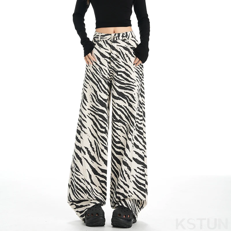 KSTUN 2026 Women's Wide Leg Jeans High Waist Vintage Elegance Zebra Stripes Printed Straight-Leg Pants Floor Length Trousers