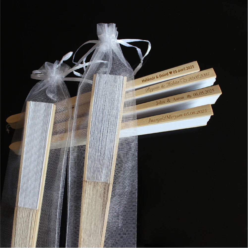 20 // 340/50 مراوح ورقية أنيقة قابلة للطي باللون الأبيض مع نقش شخصي، دش زفاف مع شاش ومراوح مستلزمات حفلات الزفاف المحمولة #6