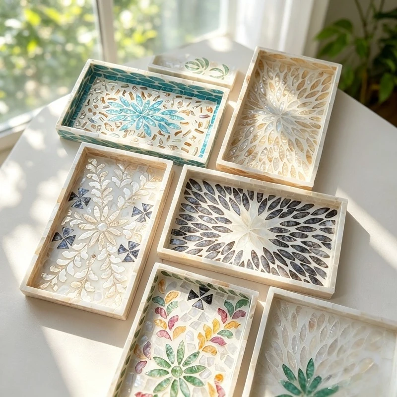 Rectangular Mother‑of‑Pearl Inlay Tray Shell Mosaic Decorative Vanity Tray Tabletop Storage Home Ornament Jewelry Organizer