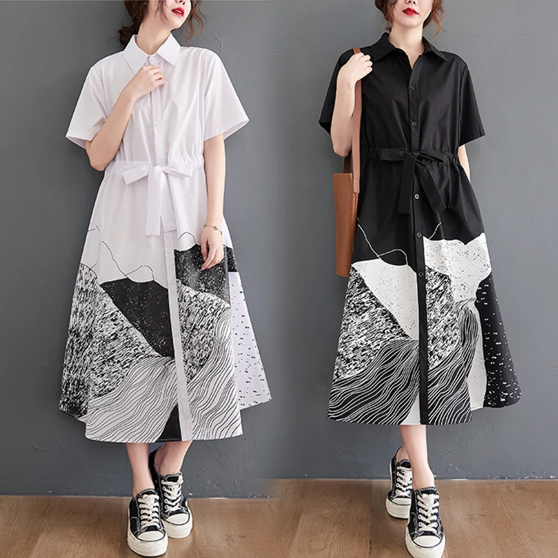 Water-Media Print Patchwork ort-Sve Dr con cintura y cuello Dstring para mujer de talla grande Faion de verano