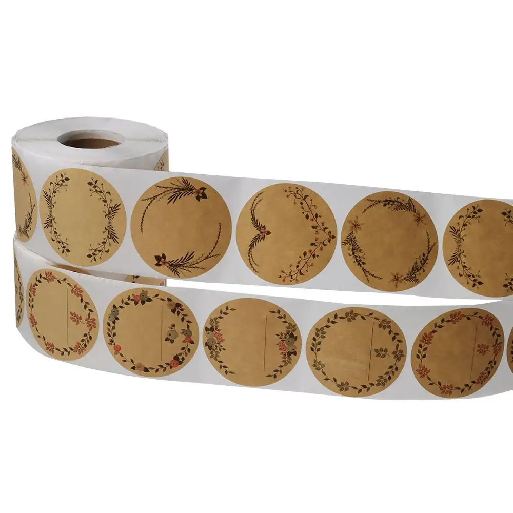 500PCS 4 Pattern Designs Round Lable Stickers 2" Self-Adhesive Kraft Paper Label Stickers Floral Wreath Design Blank