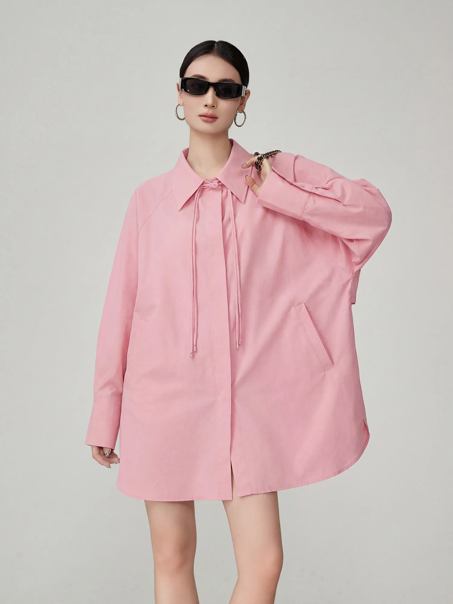 

Pink Chinese Sle irt Women's Loose Fit Belted Spring Summer New Sle Dopane Versatile Outerwear Long Sve Button up