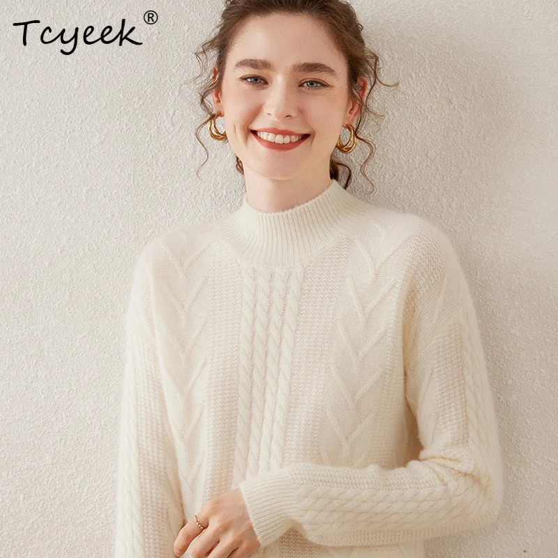 

Tcyeek,35% Cashmere 65%Wool Elegant Sweater, Women Mock Neck Long Sleeve, Lazy Casual Knit Sweater, 2024 Fall Winter T47953QC