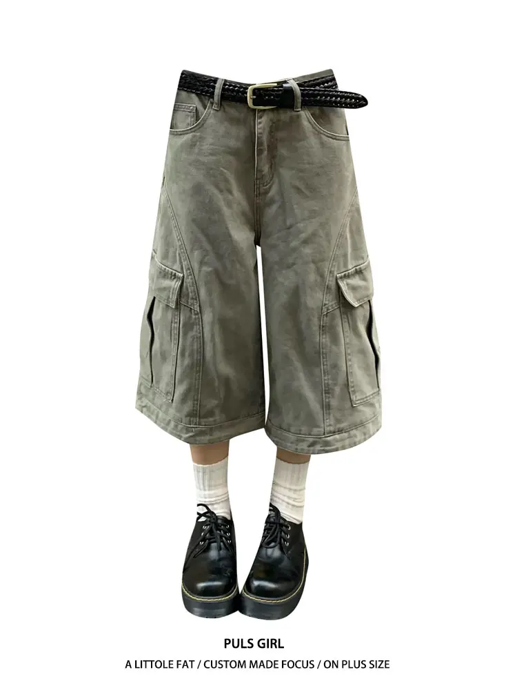 

Loose Wide Leg Seven-Foot Jeans Women's Summer New Style American Retro Big Size Pocket Workwear Denim Casual High Waist