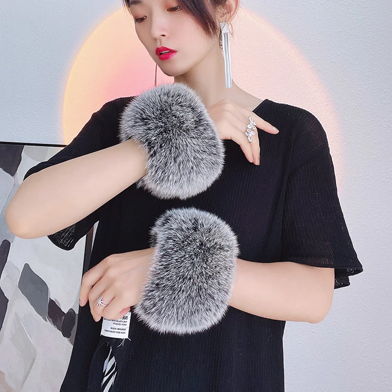 100% Real Fox fur Cuffs Warmer Wrist Cuff Fur Sleeves For Women Coat Genuine Fox fur Arm Cuffs Lady Bracelet Real Fur Wristband