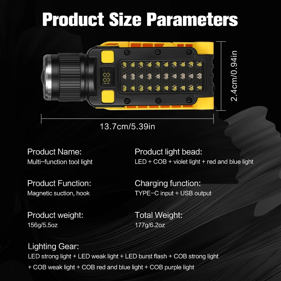 Torce LED super luminose C2 con 7 modalità Zoom Torcia faretti Proiettori COB Tenda da campeggio esterna Torcia a sospensione