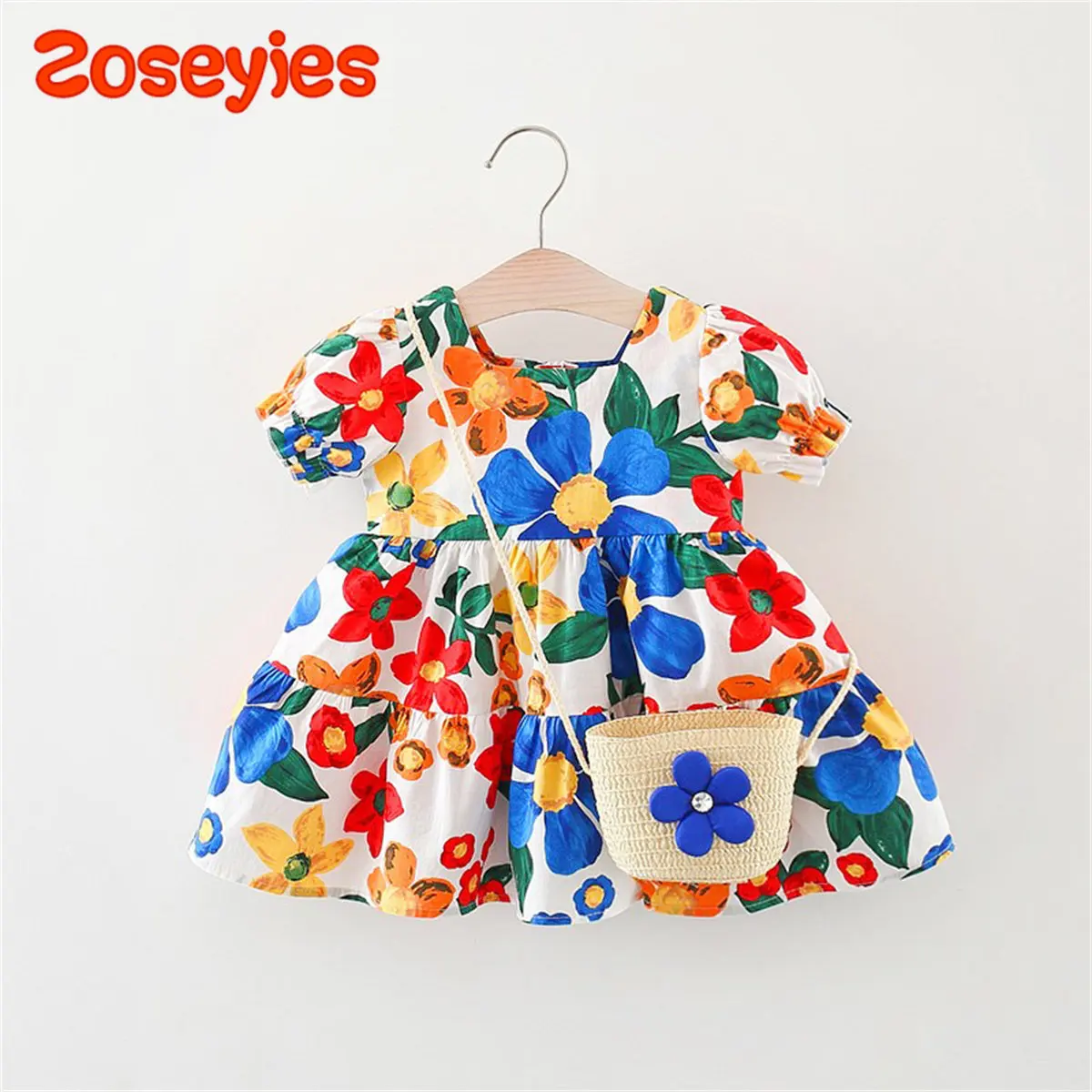 2 Pieces/Set Free Woven Bag 2023 New Summer Baby Girl Dress Tropical Print Beach Ins Short Sleeve Daily Wear