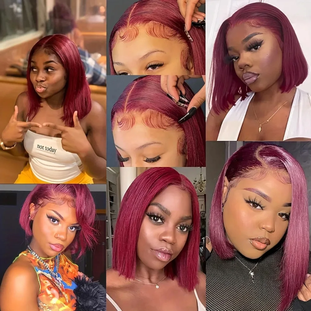 99J مستقيم بورجوندي بوب شعر مستعار 13x4 الدانتيل الشفاف قبل قطعها باروكة من شعر طبيعي قصير البرازيلي بوب خصلات الشعر المستعار الإنسان للنساء #4