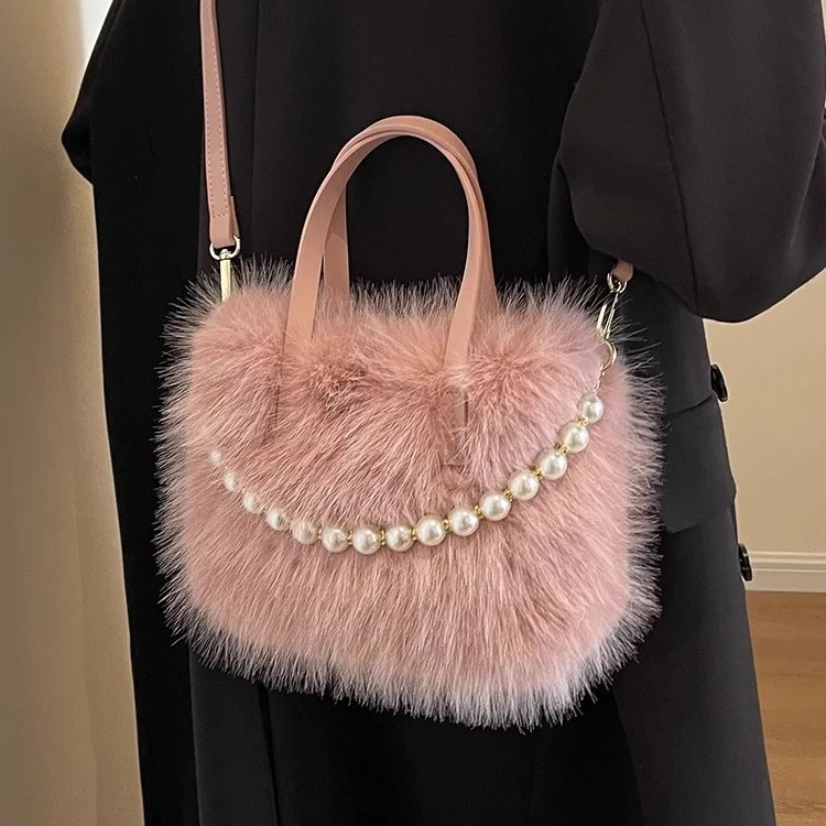 

Crossbody Bags Plush Women's Handbags Autumn and Winter Fashion Pearl Portable Messenger Shoulder Bag Tote Handle Bag