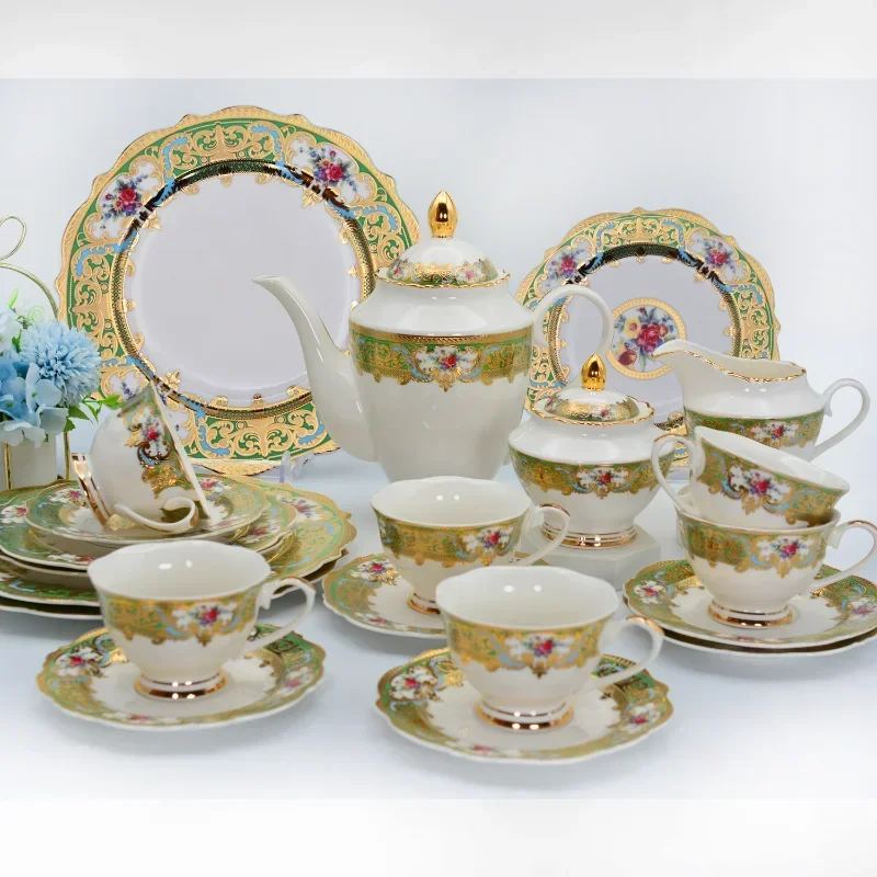 

24 pcs Factory embossed gold bone china tea set royal style flower shape coffee cup set for afternoon tea