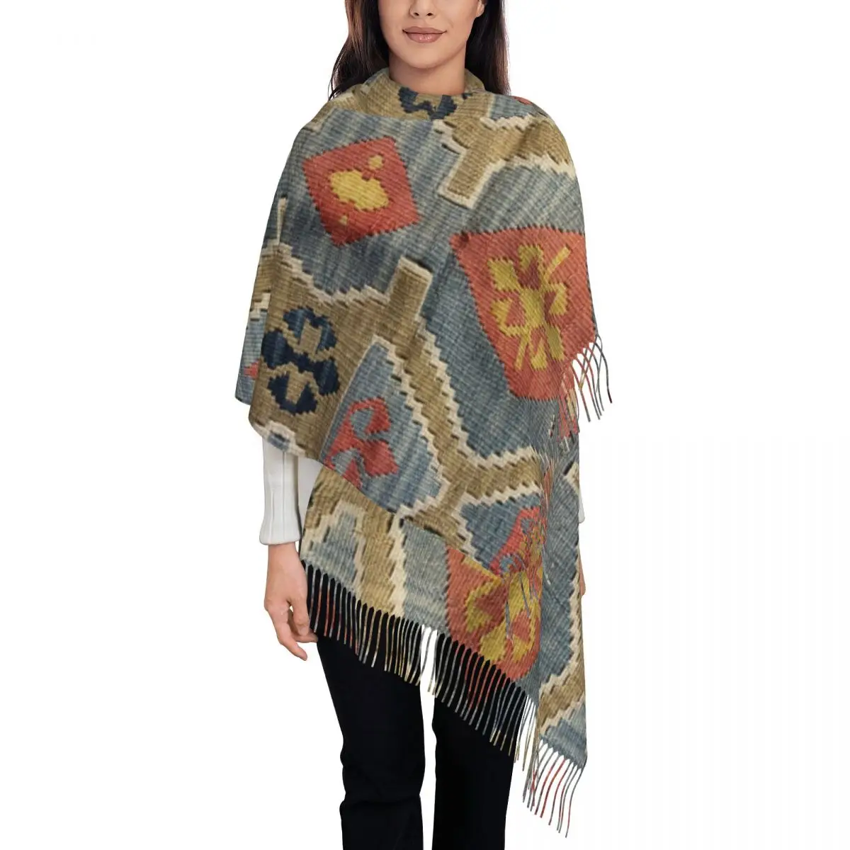 

Navaho Weave Turkish Ethnic Kilim Tassel Scarf Women Soft Vintage Persian Antique Tribal Shawl Wrap Lady Winter Scarves