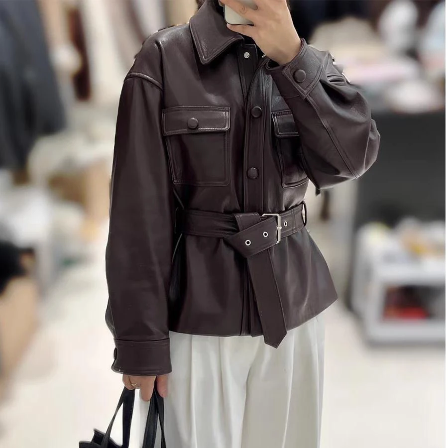 Fashionable Short Leather Jacket Women's Waist-Cinching Stylish Spring Autumn Korean Version Coat Polyester Fiber Long Sleeve