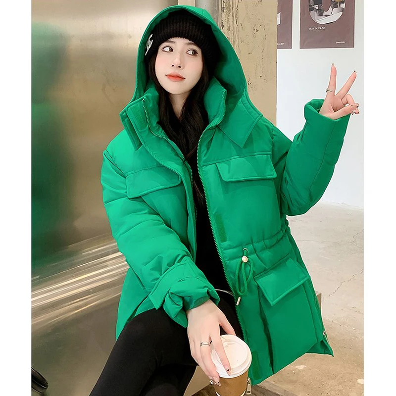 Gidyq Winter Thick Warm Parkas Women Fashion Designed Drawstring Loose Down Jacket Casual Female Big Pocket Korean Puffty Coats