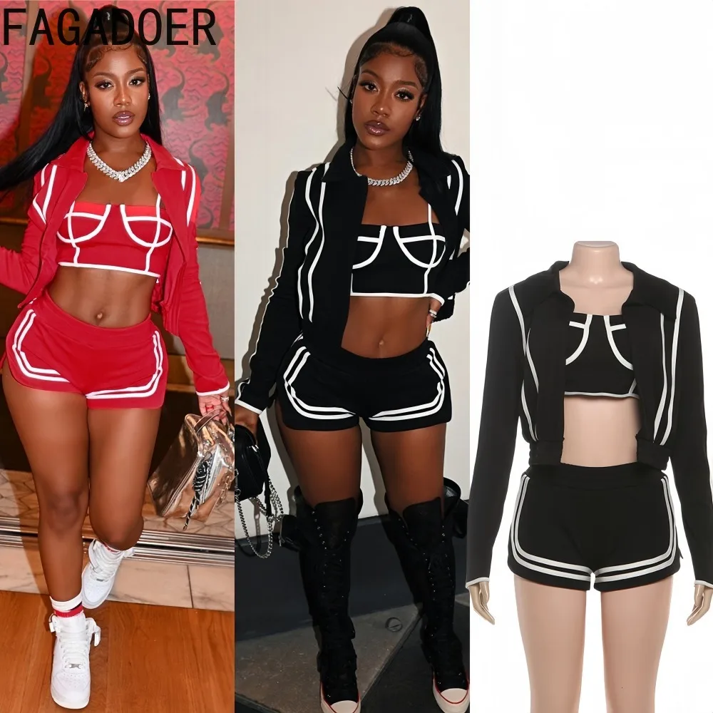 

FAGADOER, осенний новый модный женский комплект из 2 предметов, укороченная куртка в полоску в стиле пэчворк + камзол + шорты, одинаковая женская уличная одежда