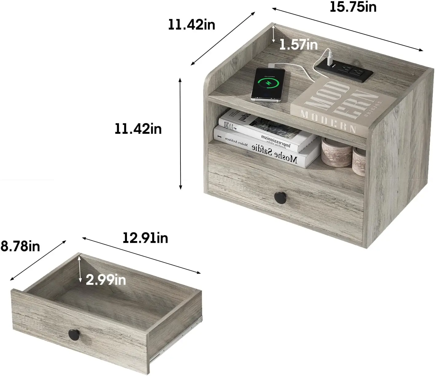 Floating Nightstand Set of 2 with Charging Station and Drawer Small Bedside End Table with Outlet Modern Floating Night Sta