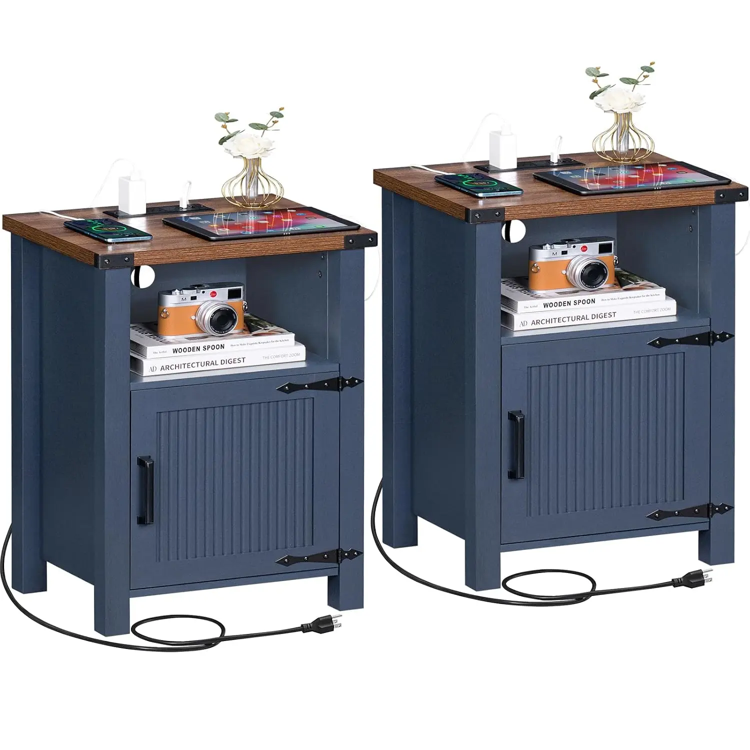 18-Inch Fluted Nightstand Set of 2 with Charging Station, Open Storage & Magnetic Door for Bedroom Side Table, Customized