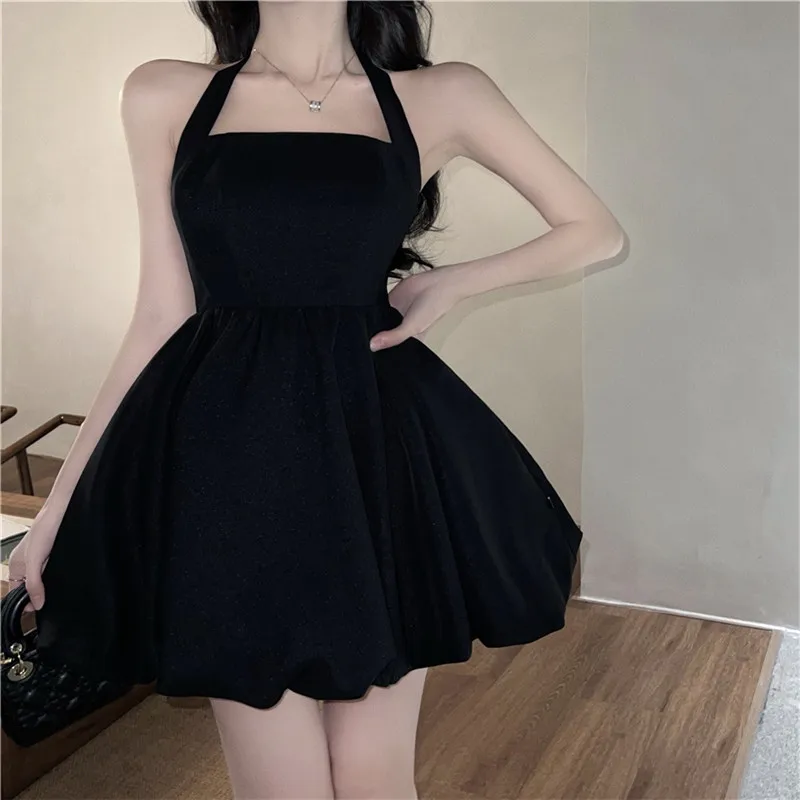 

Sexy Backless Halter Little Black Mini Dress Slash Neck Sleeveless A Line Party Dress Short Ball Gown Summer Chic Puffy Dress