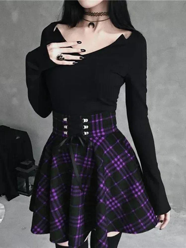 Ca Rô Đen Nữ Gothic Váy Nữ Xếp Ly Kẻ Sọc Váy Mùa Xuân Thu Đông Bé Gái Hip Hop Nữ Punk Goth Mini clubwear