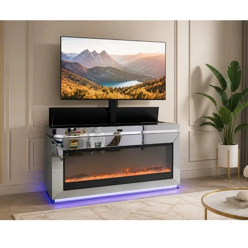 Living room TV cabinet Electric fireplace Integrated TV lifting 65-inch modern simple glass cabinet