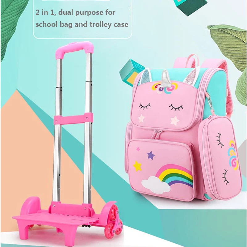 Cartoon Unicorn School Bags Wheeled Backpack for girls Teenagers Children Trolley Bag with Wheels Student Backpack Kids