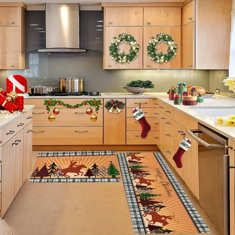 

VIKAMA 2-х предметный рождественский кухонный ковер Happy, мягкий противоскользящий коврик для ванной комнаты, напольный коврик для коридора и прохода для украшения дома