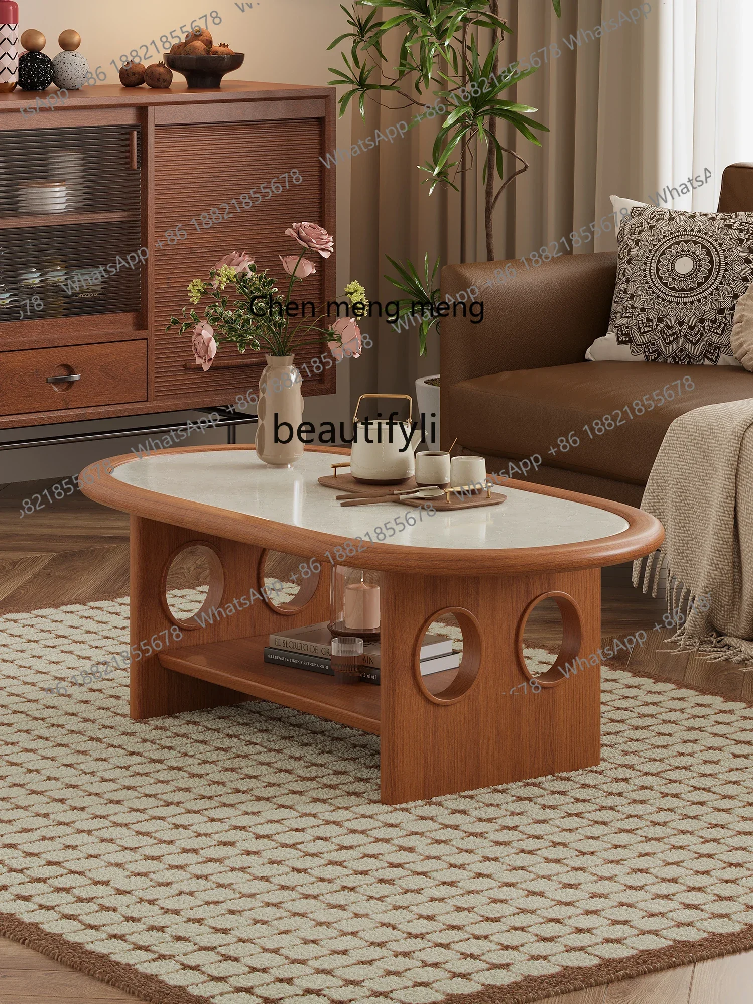 P178 Solid Wood Double Oval Coffee Table for Living Room, Home Sofa Side Tea Table, Small Apartment High-End Simple Tea Table