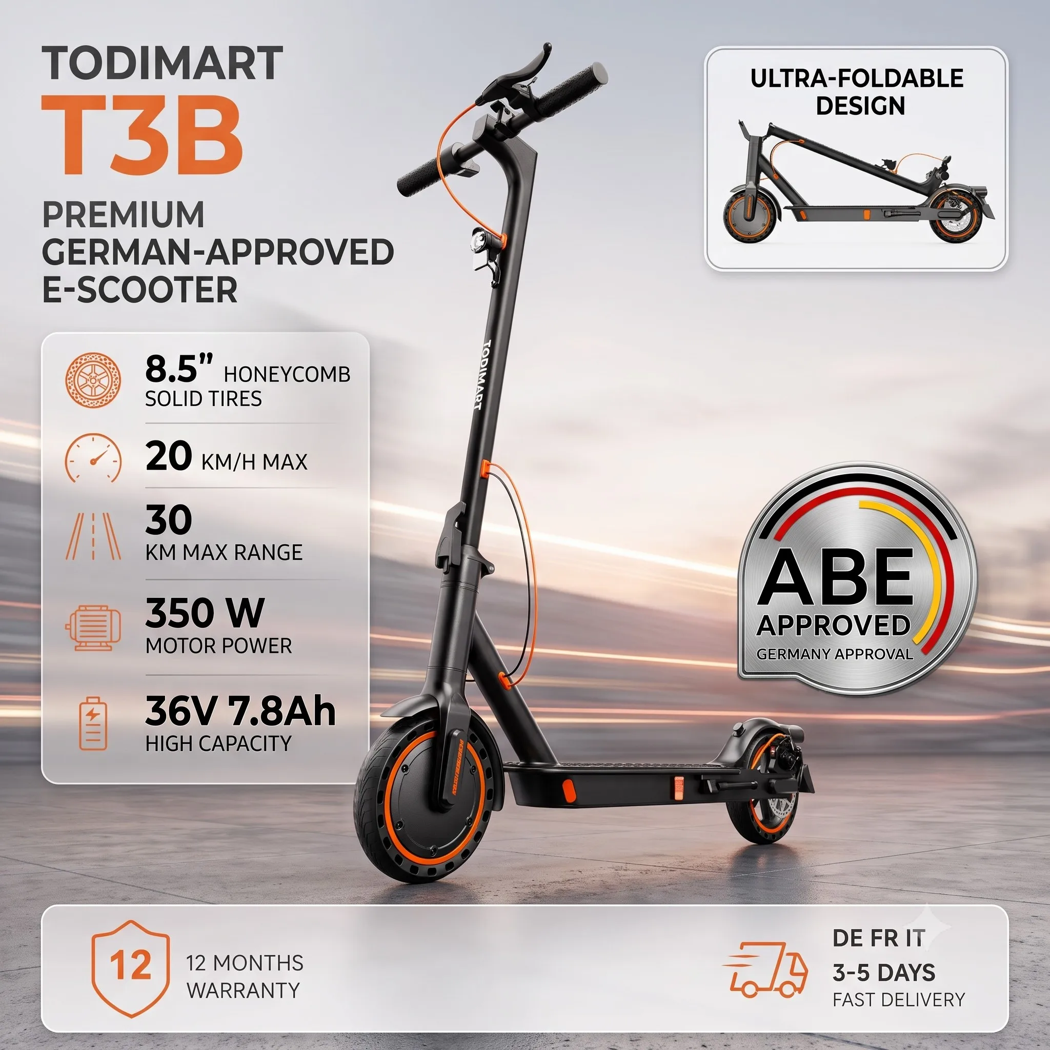 TODIMART T3/T6ABE Deutschland-zugelassener Elektroroller für Erwachsene, 20 km/h Geschwindigkeit, 36V 7,8Ah, Stoßdämpfung, faltbarer E-Scooter, Stadtfahrzeug, leichter E-Scooter für den Stadtverkehr.