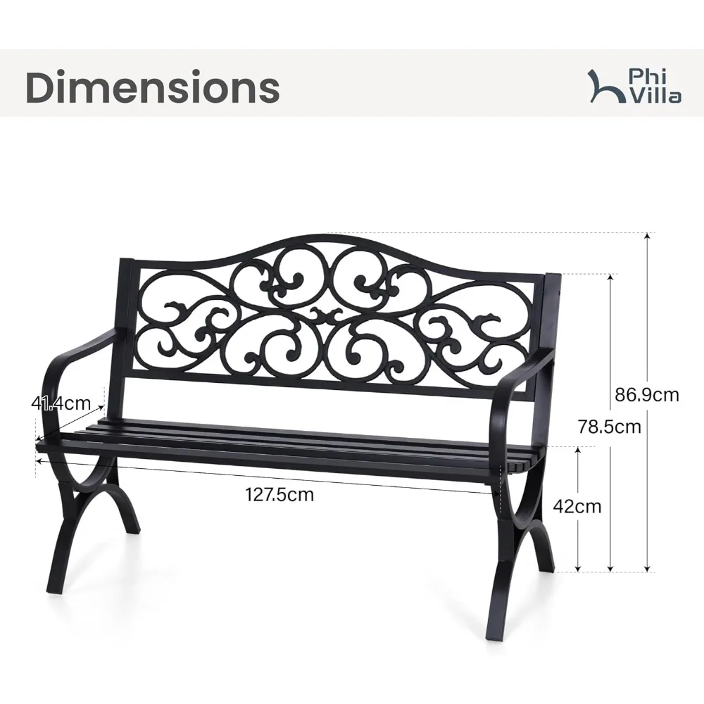 مقعد حديقة بإطار خارجي للفناء مع مسند ظهر بتصميم زهور، مقعد شرائحي للحديقة والساحة والشرفة، أسود #2