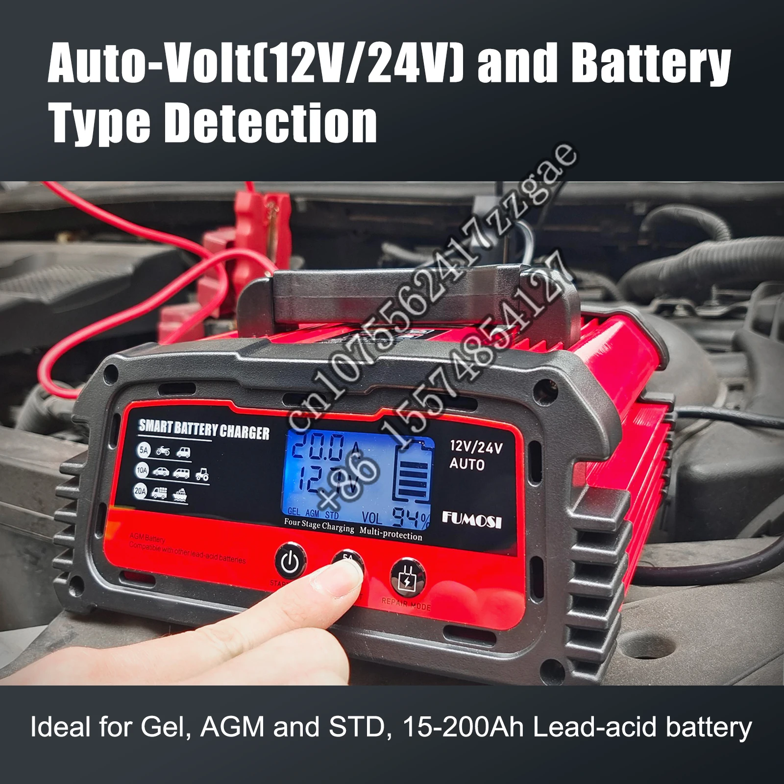 20A 12v 24v Portable Automotive Battery Charger AGM GEL Battery Charger for Car Motorcycle Boat RV Truck Vehicle