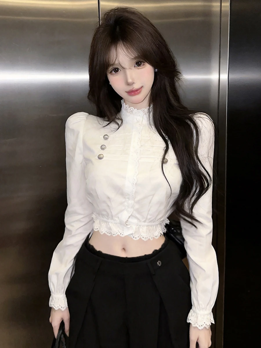 Retro Pure Desire Lace Trim Shirt Women's Slim Fit Short Crop Top Long Sleeve Stand Collar Vintage Style Universal Size ...